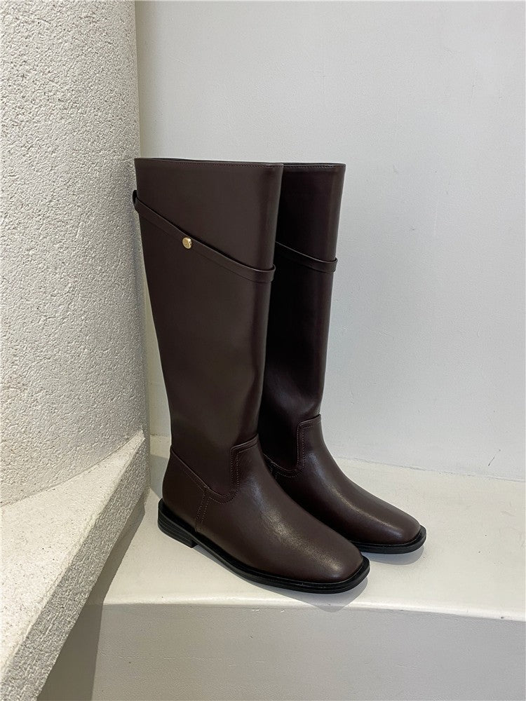 2025 South Korea Dongdaemun high boots women's boots autumn and winter new big tube circumference retro small gold buckle knee knight boots