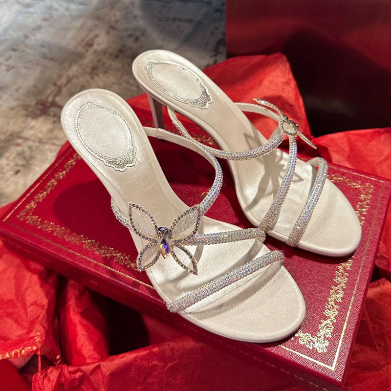 XIANGTUIBAO RC Rhinestone Sandals Spring New Stiletto Heel Fairy Style Open Toe Slippers Women's Bow Cross Strap High Heels