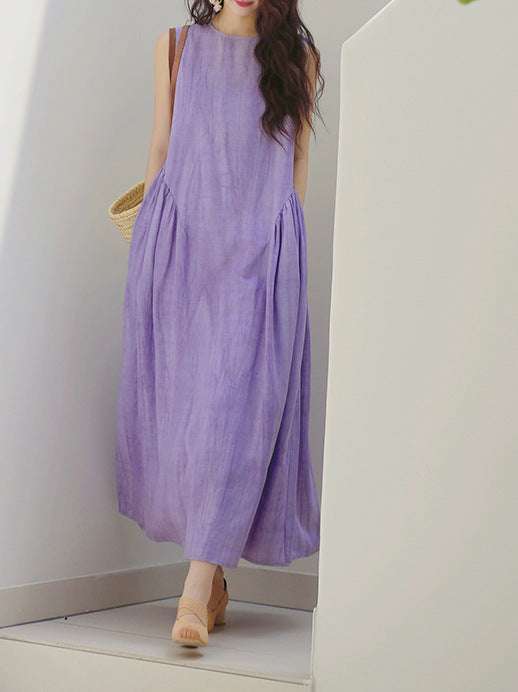 2025 summer new fried silk and hemp round neck sleeveless big pendulum long sleeveless dress vest skirt