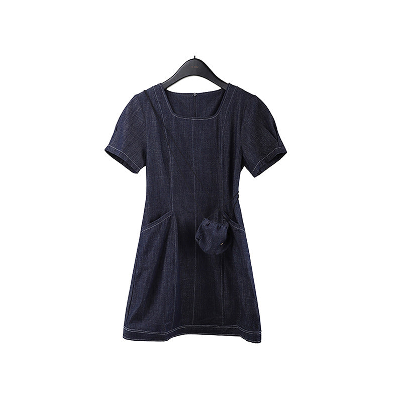2025 THE MIND square collar with bag denim dress 2025 summer new Korean casual mid-skirt A-shaped skirt 006AX