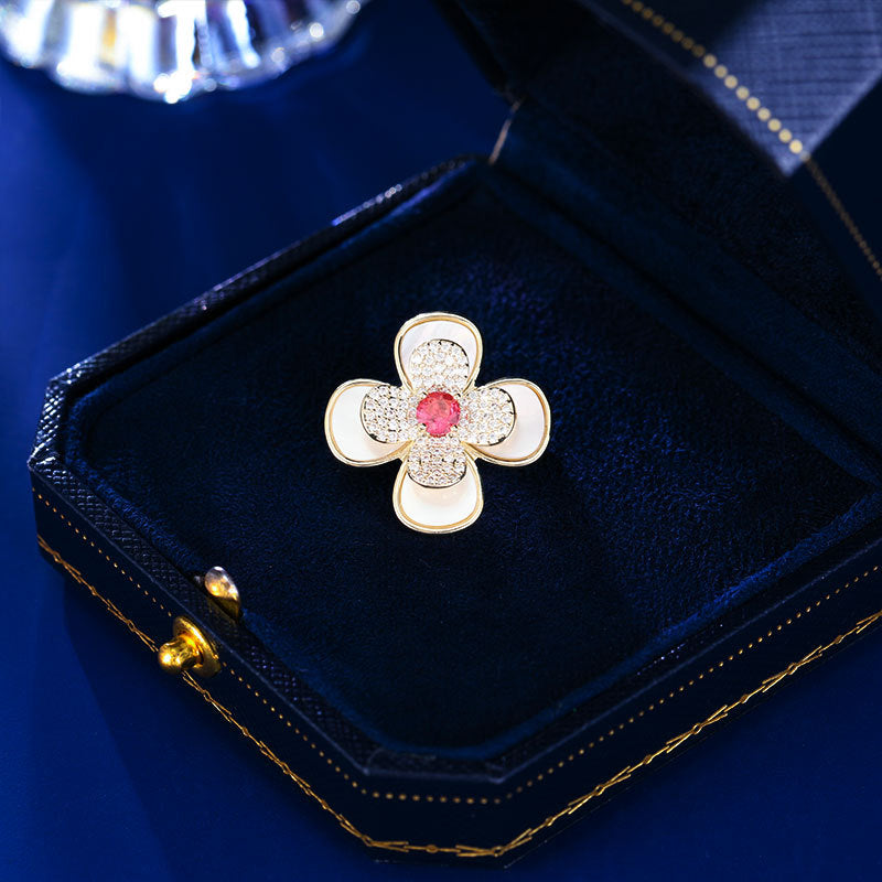 2025 popular New Product Delicate Diamond-set Four-petal Flower Pin Gold-plated Natural Fritillary Brooch Multifunctional Fixed Suit Collar Pin