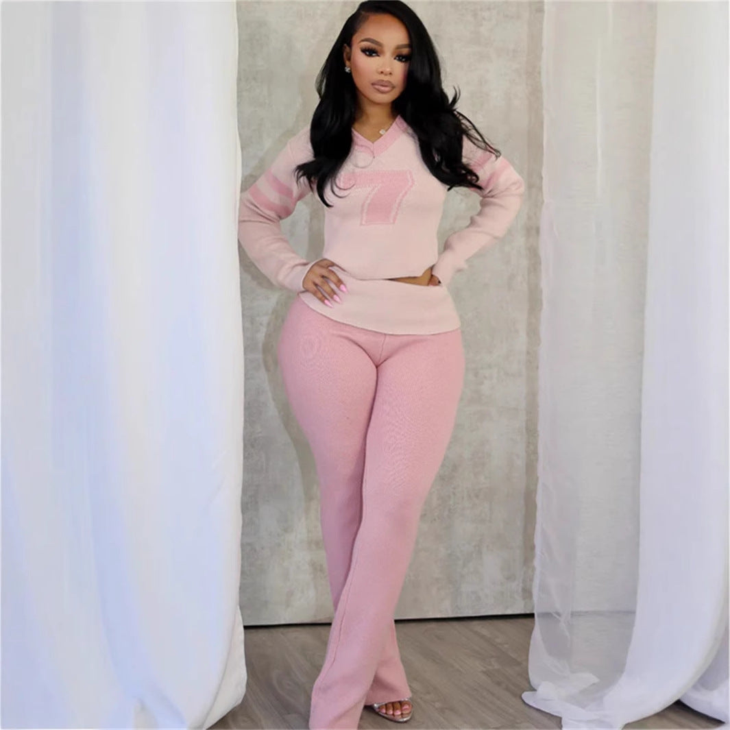 new New Popular trade color contrast fashion versatile V-neck solid color knitted casual long-sleeved top trousers set