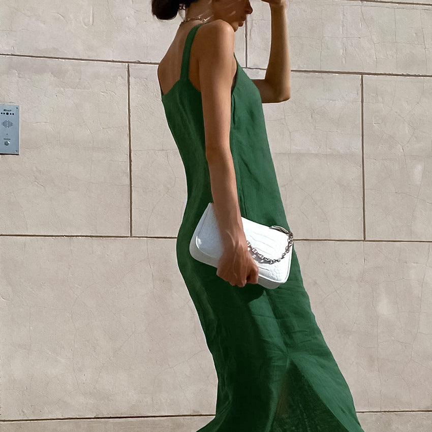 2025 popular new long dress cotton and linen sleeveless dress women's summer sexy green slit straight suspender skirt