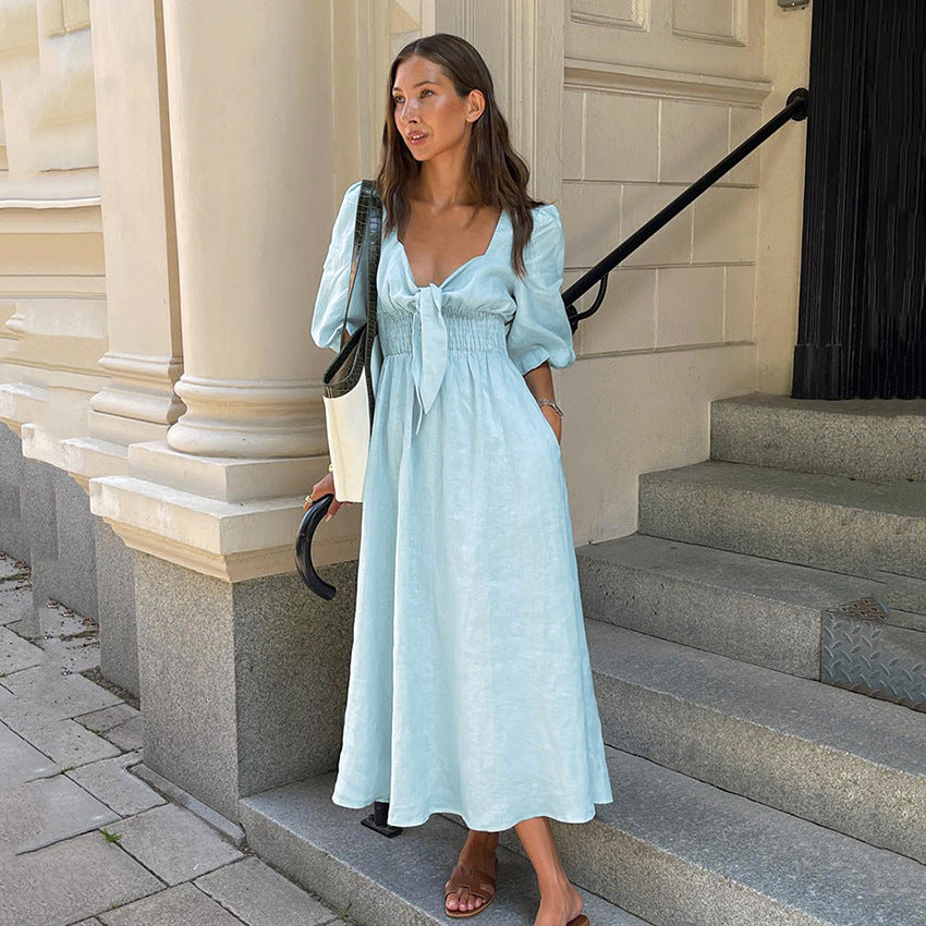2025 Cross-border summer new elegant long dress sexy low-cut V-neck bubble sleeve high-waisted cotton and linen dress