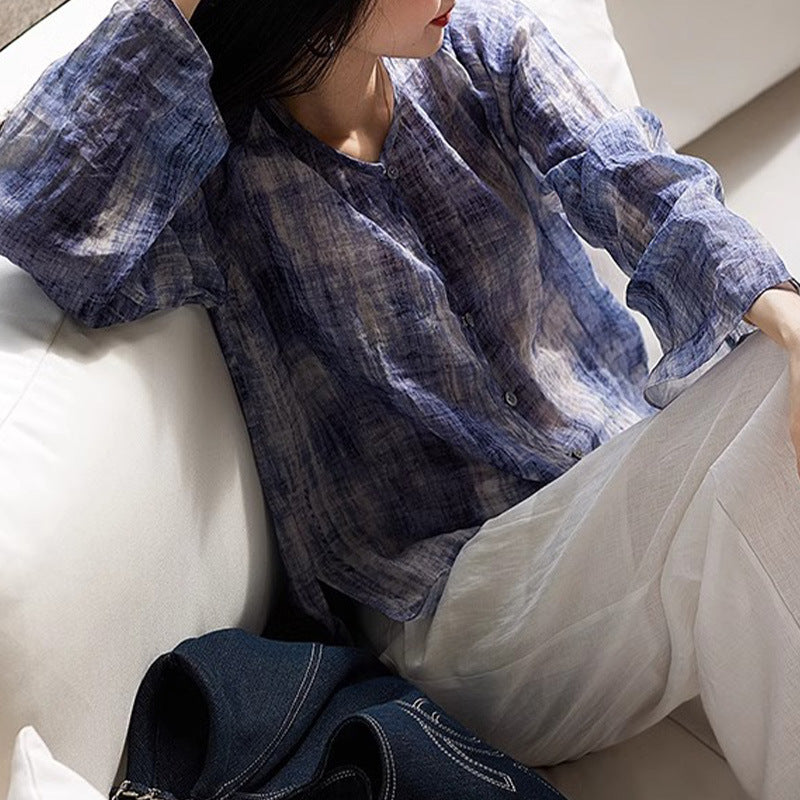 2025 100% ramie smudged small lining new Chinese casual shirt spring and summer printed shirt national style women's top