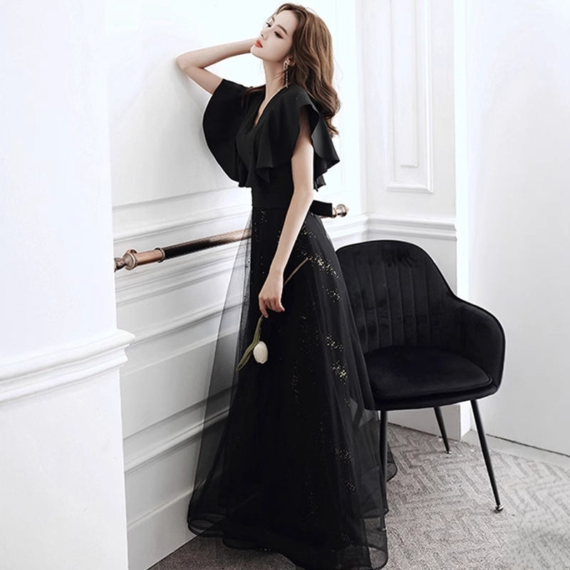 2025 Black evening dress female banquet temperament socialite middle school student art examination host high sense choir performance dress