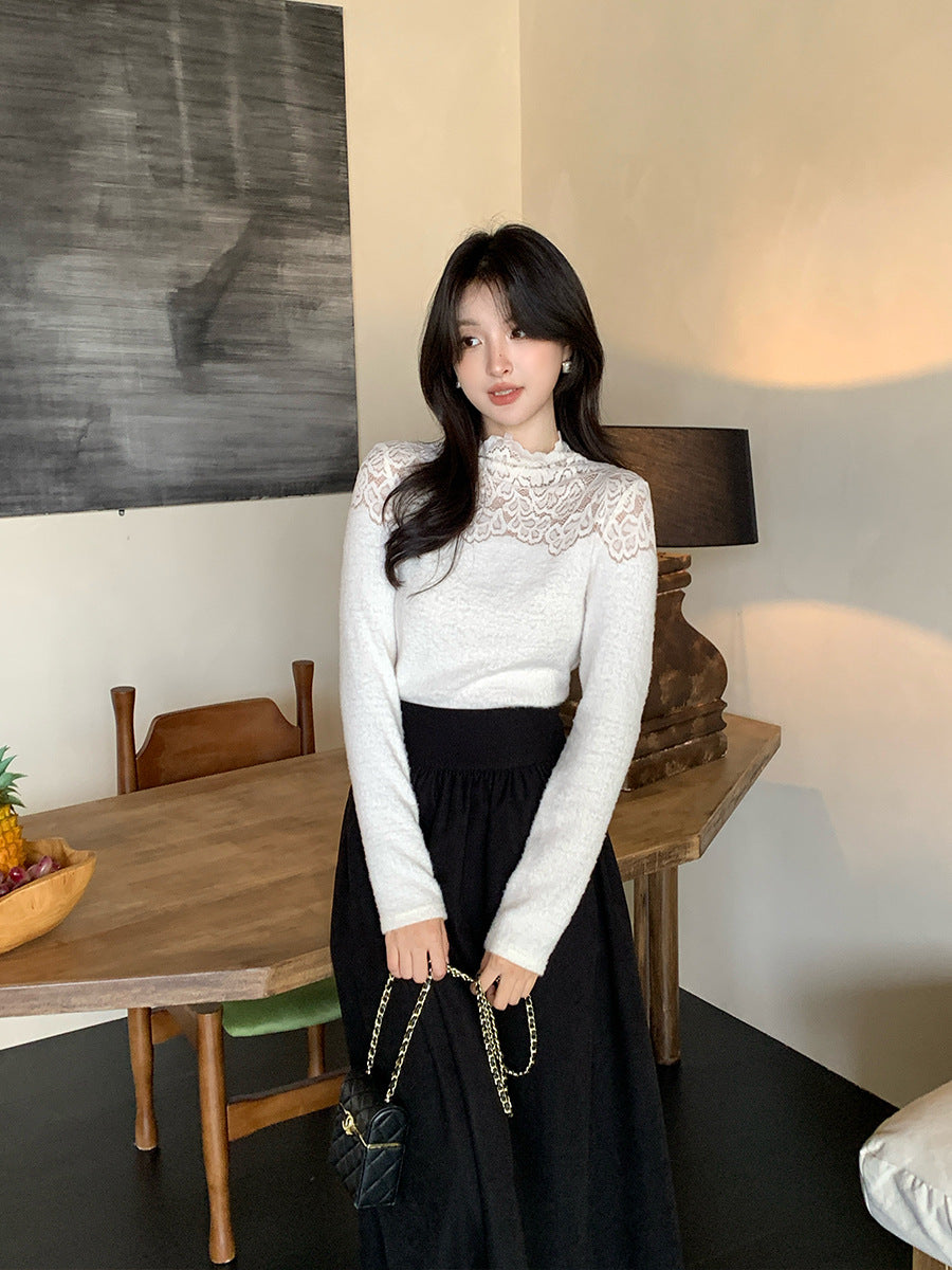 2025 popular autumn and winter new temperament round neck lace polished bottoming shirt women's versatile top tide 89129