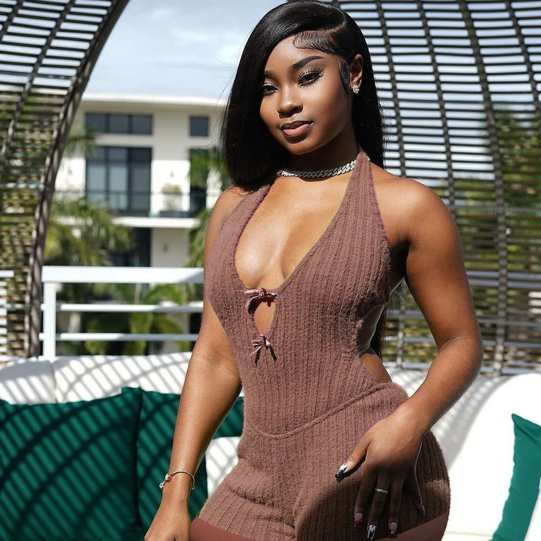 Autumn and winter new New Popular trade solid color neck halter slim sexy Spice Girls shorts jumpsuit jumpsuit