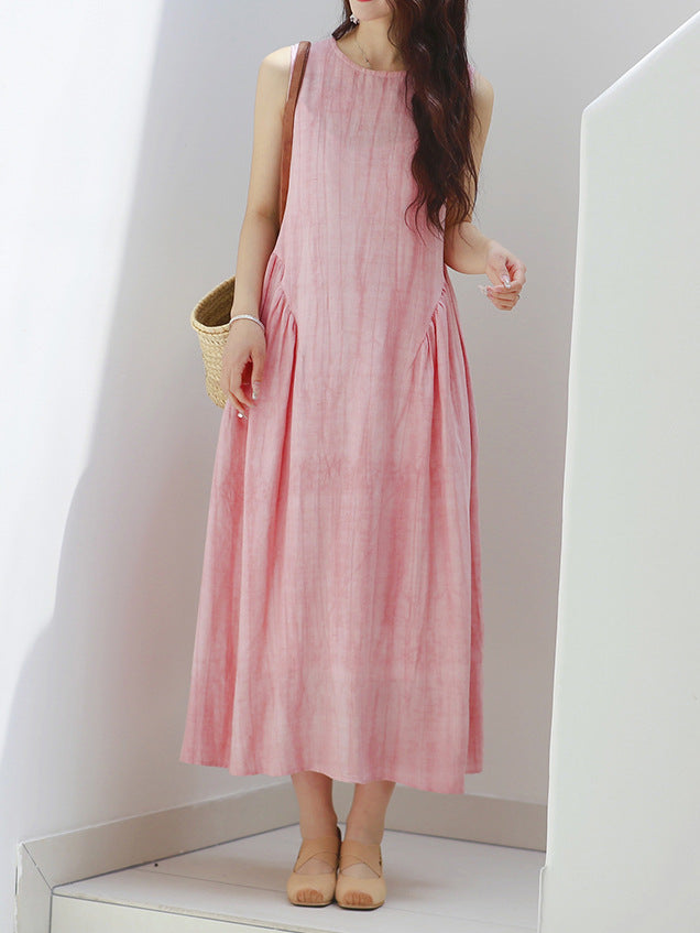 2025 summer new fried silk and hemp round neck sleeveless big pendulum long sleeveless dress vest skirt