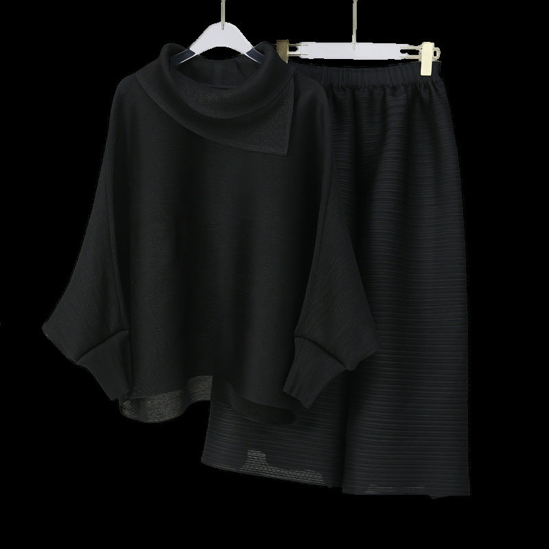 2025 suit spring and summer women's two-piece set slightly fat high-end women's bat-sleeved top loose seven-point casual pants tide