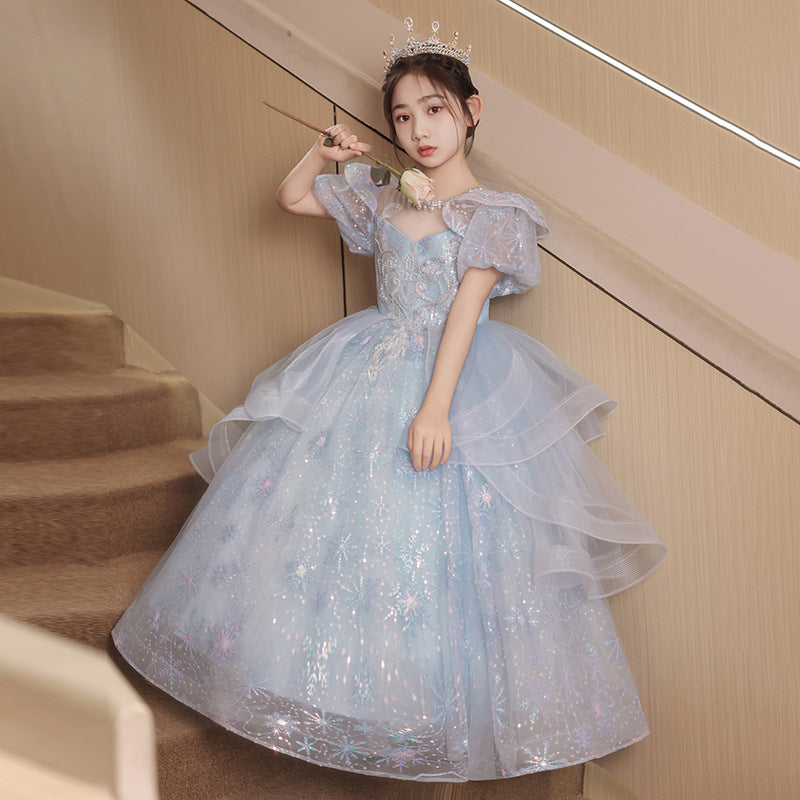 Xiangtuibao Sweet Children's Host's Dress Girls' Summer Blue Puff Sleeve Princess Piano Performance Costume
