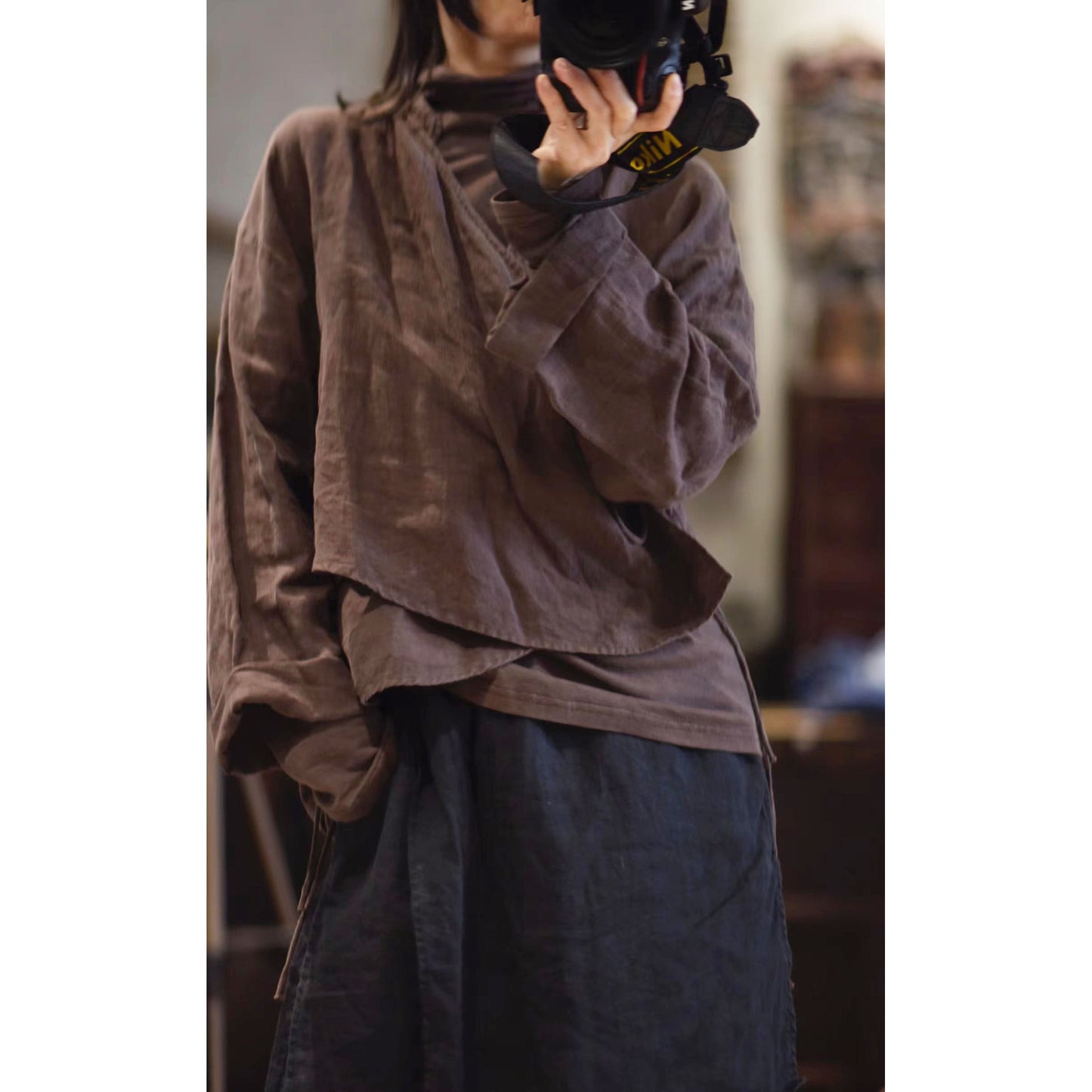 2025 22/7 Mulberry, early autumn literary and retro linen stand-up collar diagonal placket with shoulder-length short small cardigan