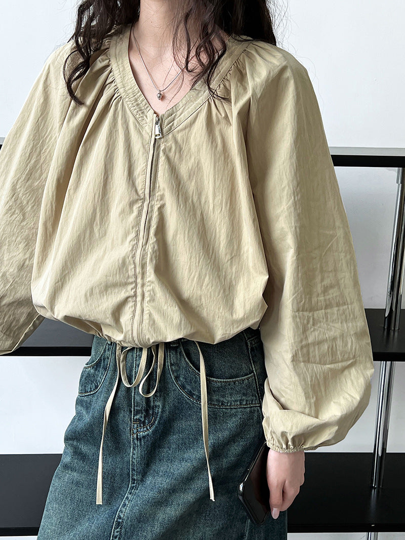 Luxi, early autumn new Korean lazy V-neck zipper long-sleeved shirt women's design sense niche Popular style top 7056