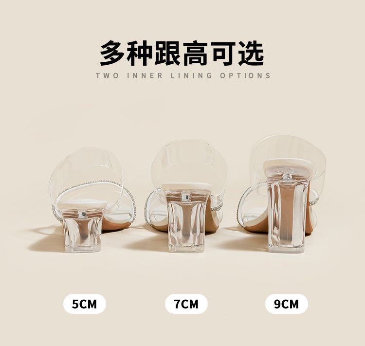 XIANGTUIBAO Transparent Sandals Women's High Heels Summer New Mid Heel Fashion Crystal Thick Heel Outer Wear Rhinestone Silippers