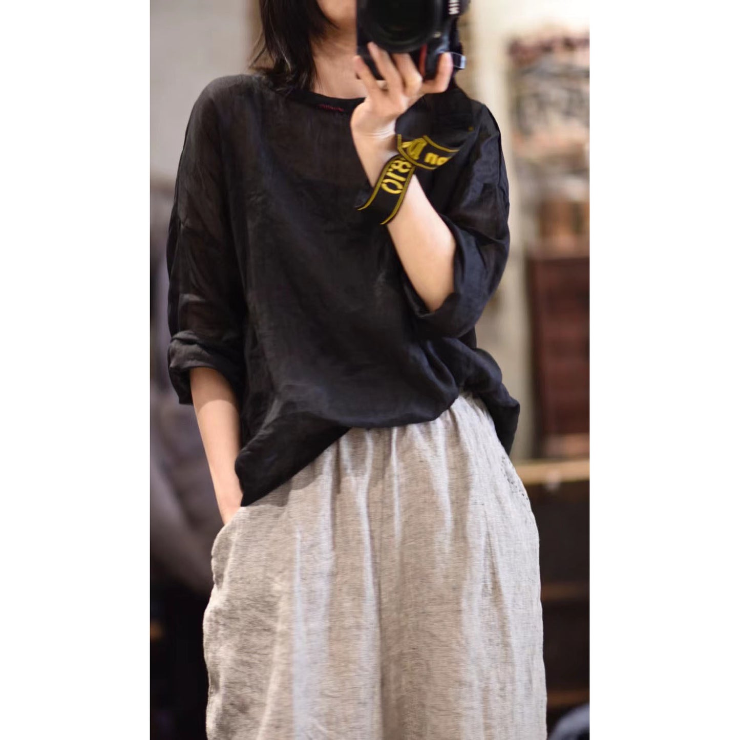 2025 22/5 small master, literary and retro light and casual pullover, one-word collar summer sunscreen ramie shirt