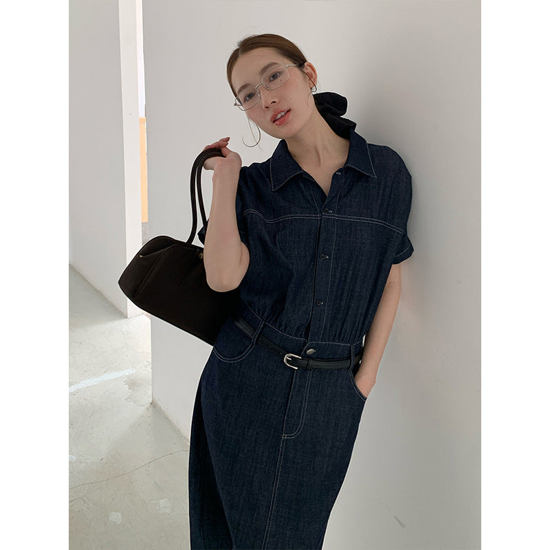 2025 THE MIND Denim Splicing Shirt Dress 2025 Summer New Waist Skinny Long Skirt 030AX