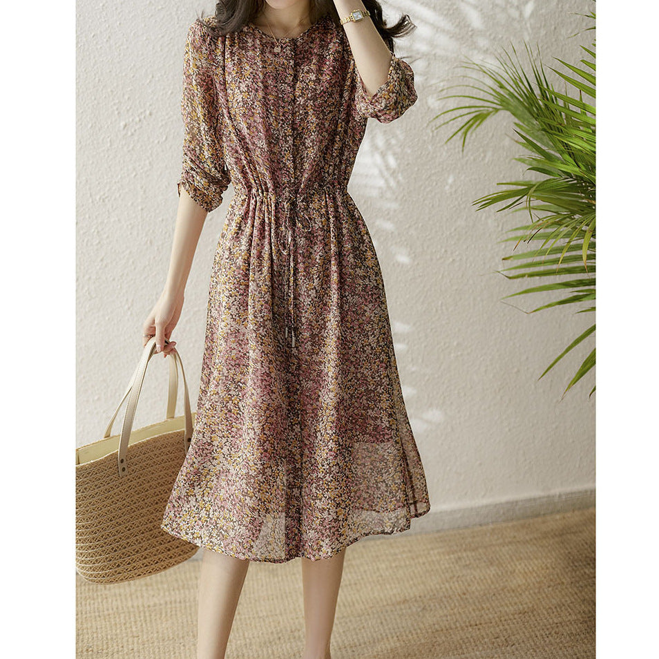 2025 High quality mulberry silk sweet silk floral dress shirt style lace-up drawstring summer women's skirt