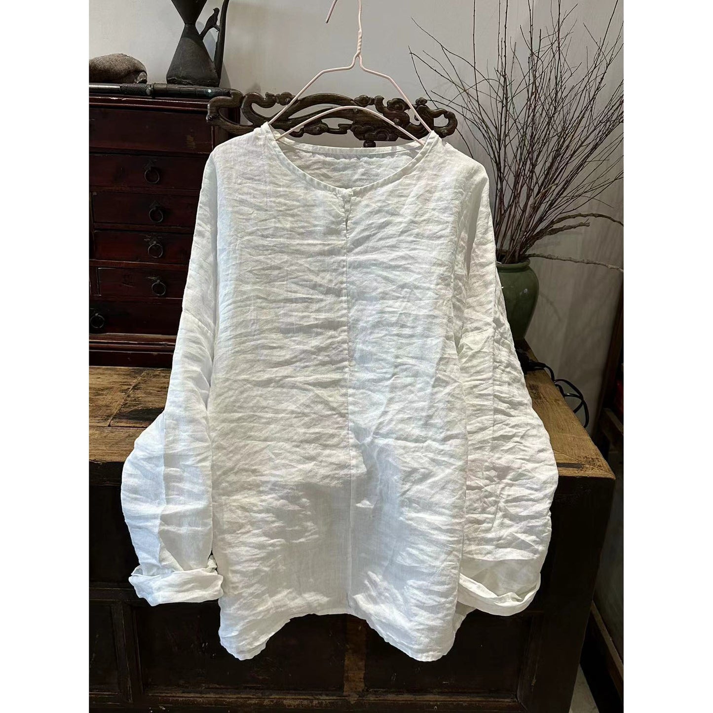 2025 22/12 Winter Solstice/Early Spring Simple Literary Thick Ramie Pullover Solid Color Shoulder Shirt