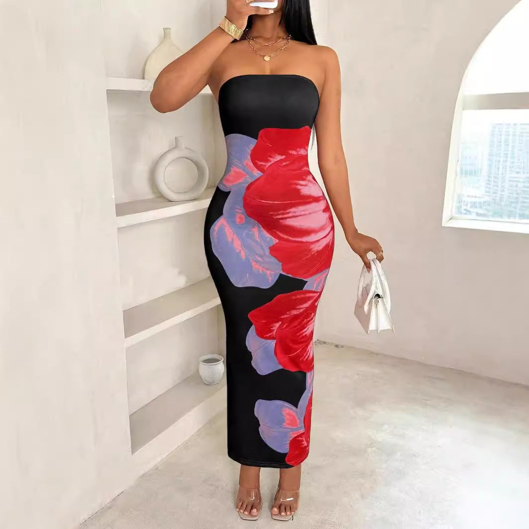 popular New new shein women's slim-fitting off-the-shoulder contrasting color flower printing elegant fashion dress