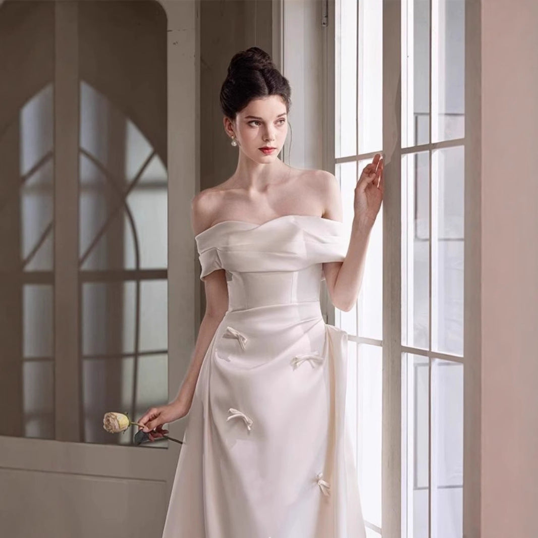 2025 light wedding dress bride new high-end satin door yarn simple one-word shoulder engagement robe dress