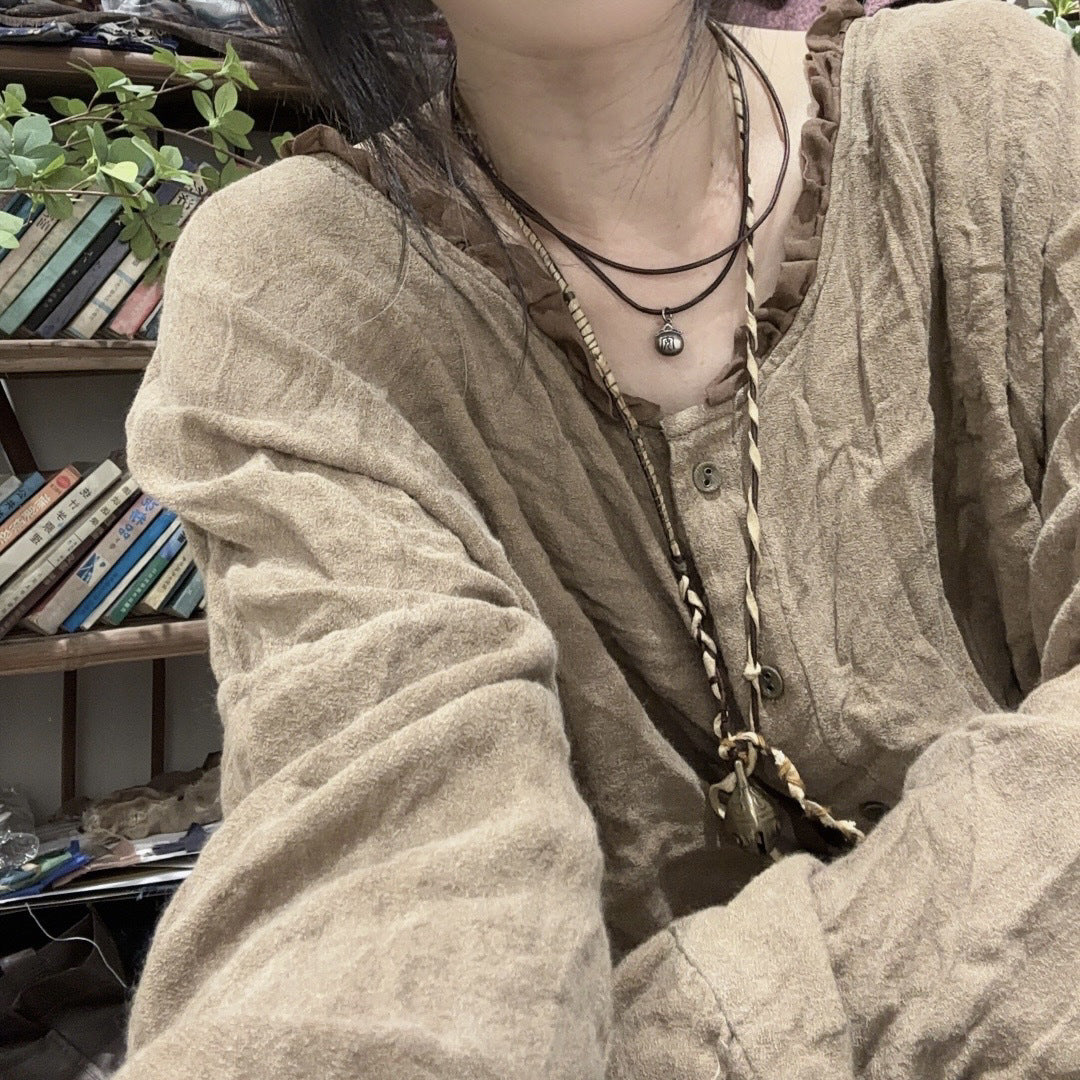 2025 24/4 SN41 literary and retro long-sleeved linen cotton smoked color craft fried old contrasting color lace neck cardigan shirt
