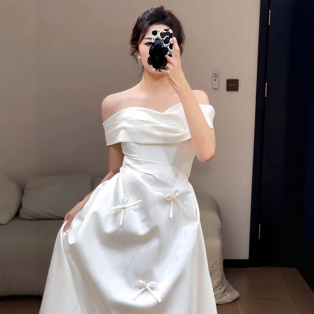 2025 satin light wedding dress bride engagement certificate registration one-word shoulder dress simple daily bow small white dress