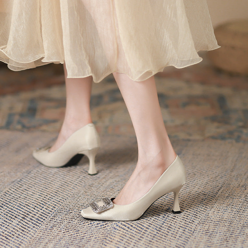 2025 3788-8 Square head thin heel rhinestone square buckle shoes women's Korean version light mouth satin shoes solid color commuter high heels women's autumn
