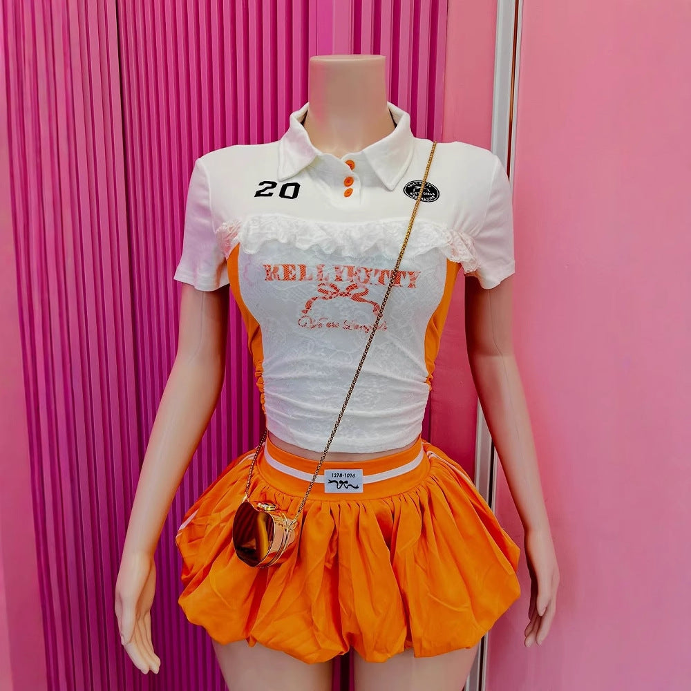 summer New lace letter printing button-down top waist fluffy miniskirt suit women
