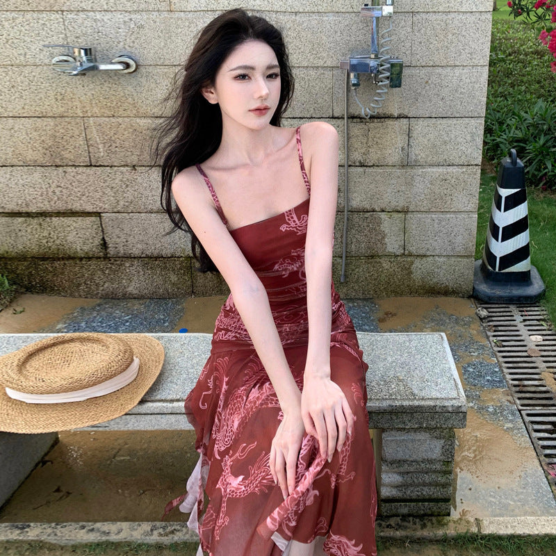 2025 New Chinese style red suspender dress women's summer sexy adult evening dress seaside vacation beach dress