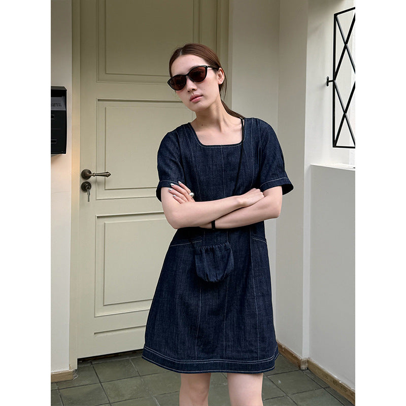 2025 THE MIND square collar with bag denim dress 2025 summer new Korean casual mid-skirt A-shaped skirt 006AX