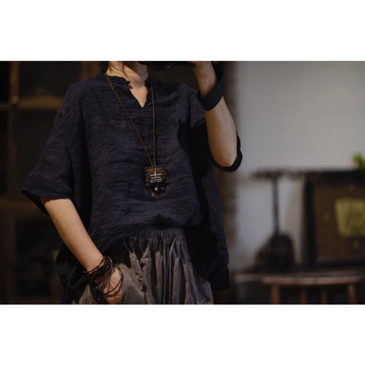 2025 23/6 Movie/Literary and retro texture yarn-dyed linen pullover stand-up collar buckle loose shoulder shirt