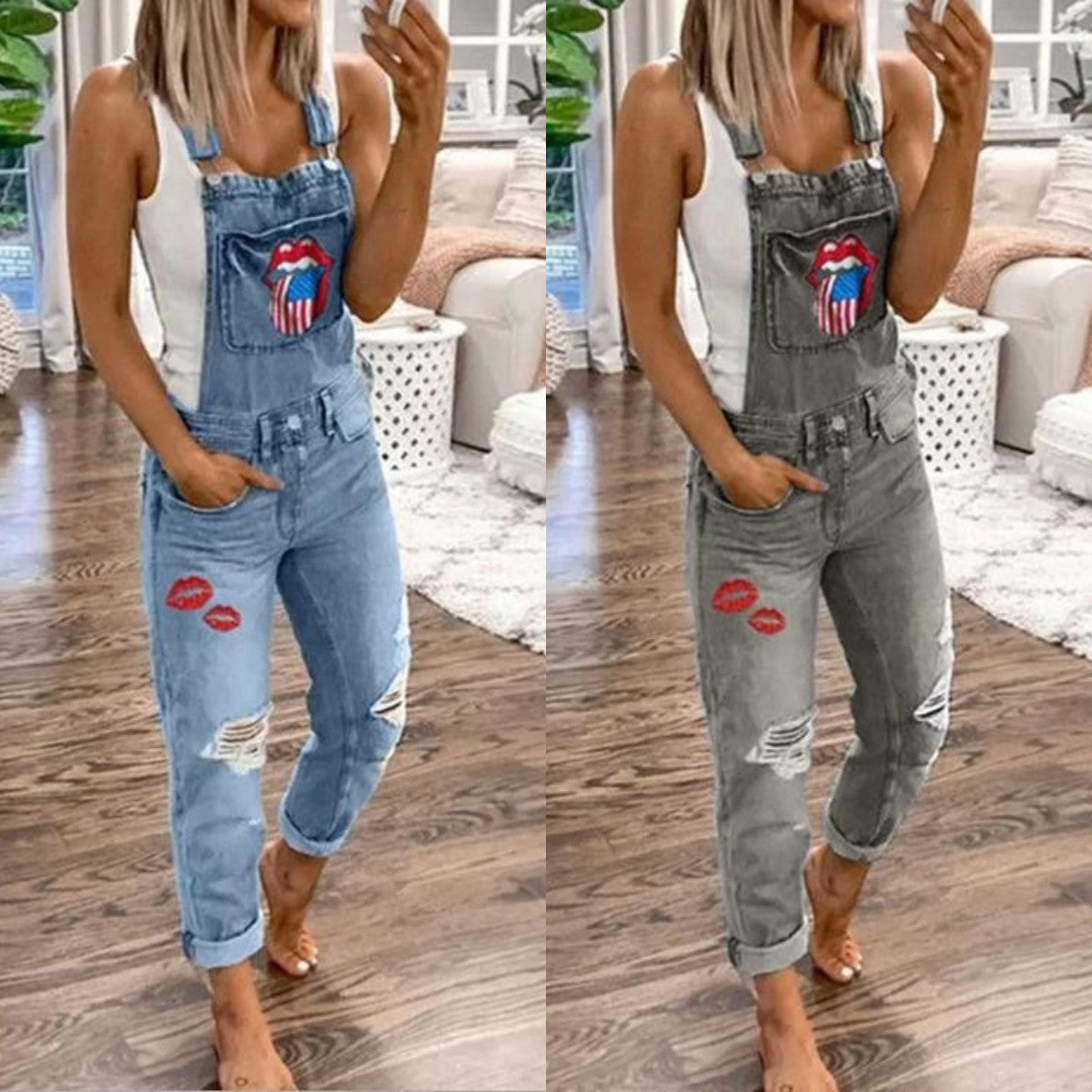 xiangtuibao Suspender Trousers for Women HOTan and NEWn New Wish Hot Sale Hot-Selling Floral-Print Washed Jeans