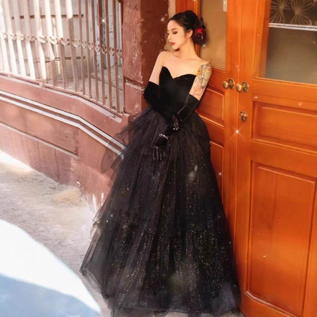 2025 Black tube top velvet high-end evening dress light luxury niche birthday party performance host princess tutu spring