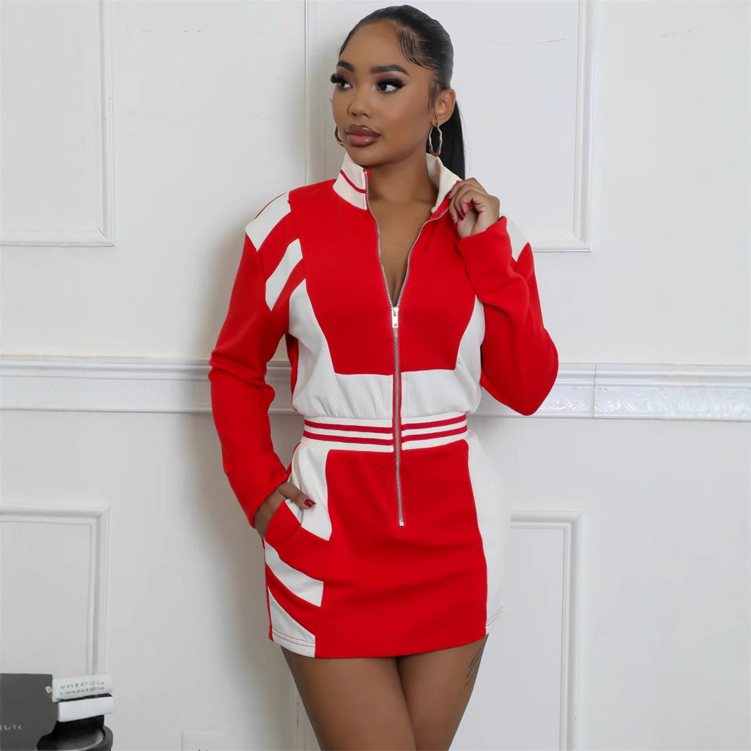 New Popular trade new contrasting colors casual fashion sports style stand-up collar zipper long sleeve waist short skirt dress