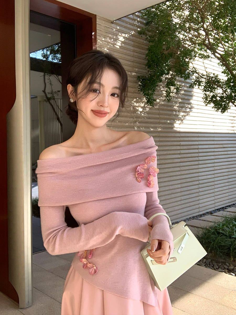 2025 spring new Korean version of flower temperament one-word neck wool knitted sweater women's top 25138
