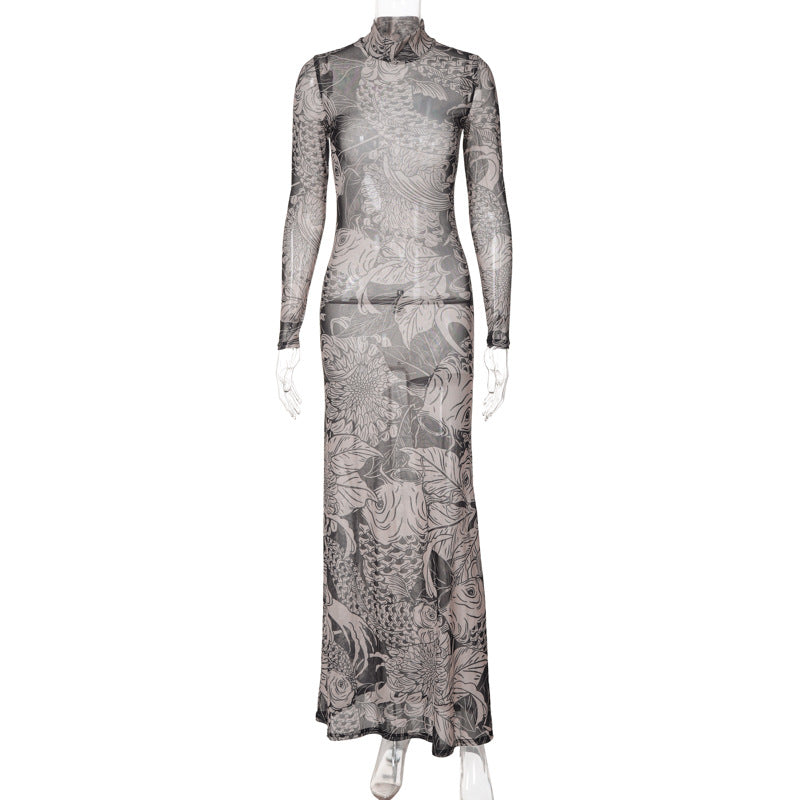 New women's clothing autumn new fashion mesh printing perspective turtleneck slim and thin dress women