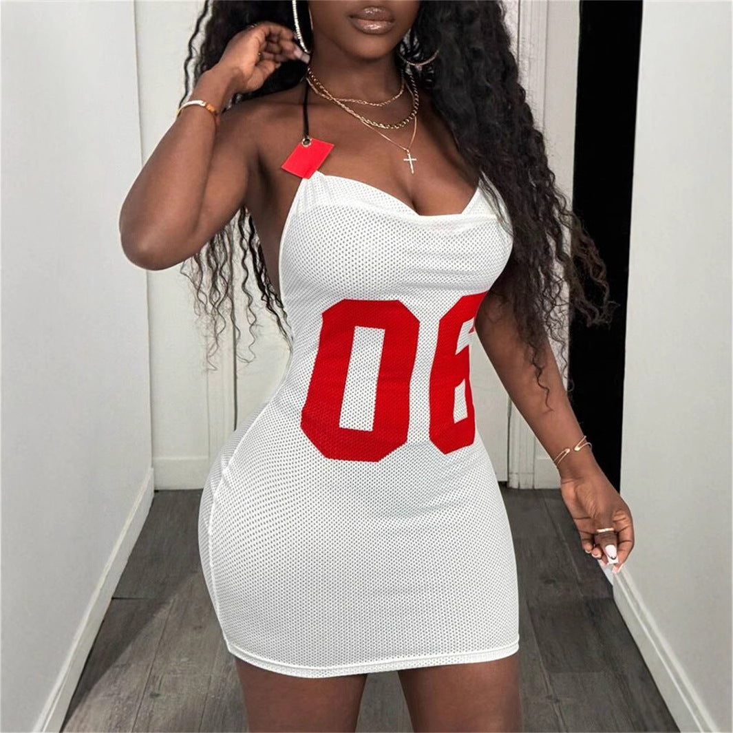 new women's clothing sexy fashion personalized mesh cloth printing suspenders leather tube top backless dress