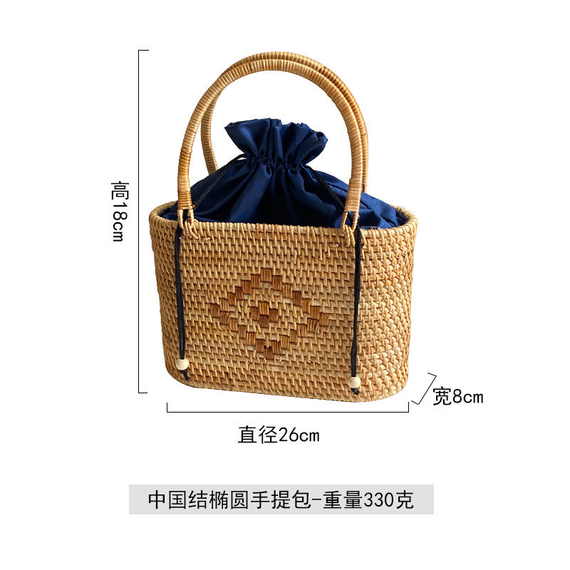 XIANGTUIBAO Vacation Style Handmade Pastoral Style Cabas Storage Picnic Travel Baskets Hand-Woven Rattan Handbag