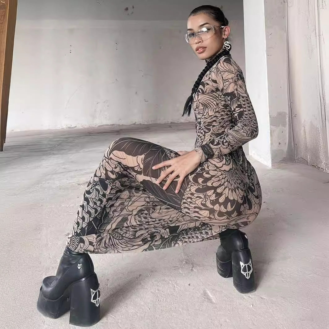 New women's clothing autumn new fashion mesh printing perspective turtleneck slim and thin dress women
