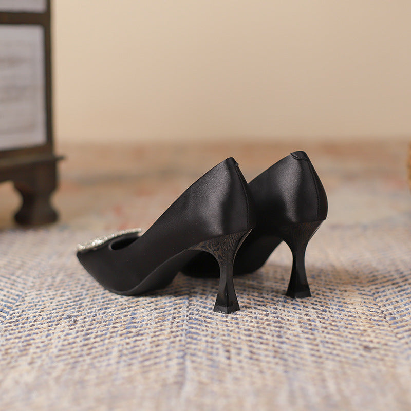 2025 3788-8 Square head thin heel rhinestone square buckle shoes women's Korean version light mouth satin shoes solid color commuter high heels women's autumn