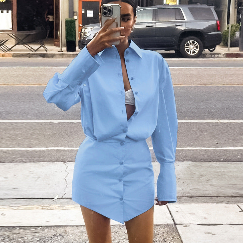 2025 Spring and summer fresh blue loose lapel shirt sleeve hip wrap slim dress New fashion pencil skirt women