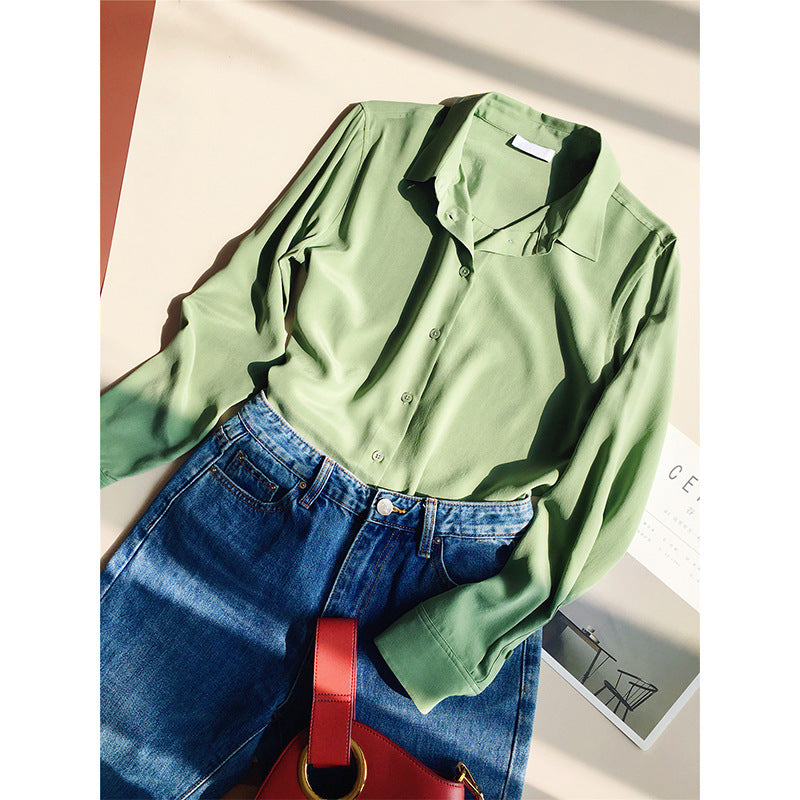 2025 Heavy mulberry silk avocado solid color shirt summer new sand washed silk shirt temperament long sleeve women's clothing