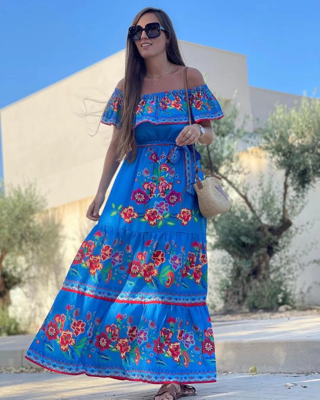 2023 New New Popularan, 2025n Spring and Summer Shoulder Safflower Printing Long Pendulum Dress Women