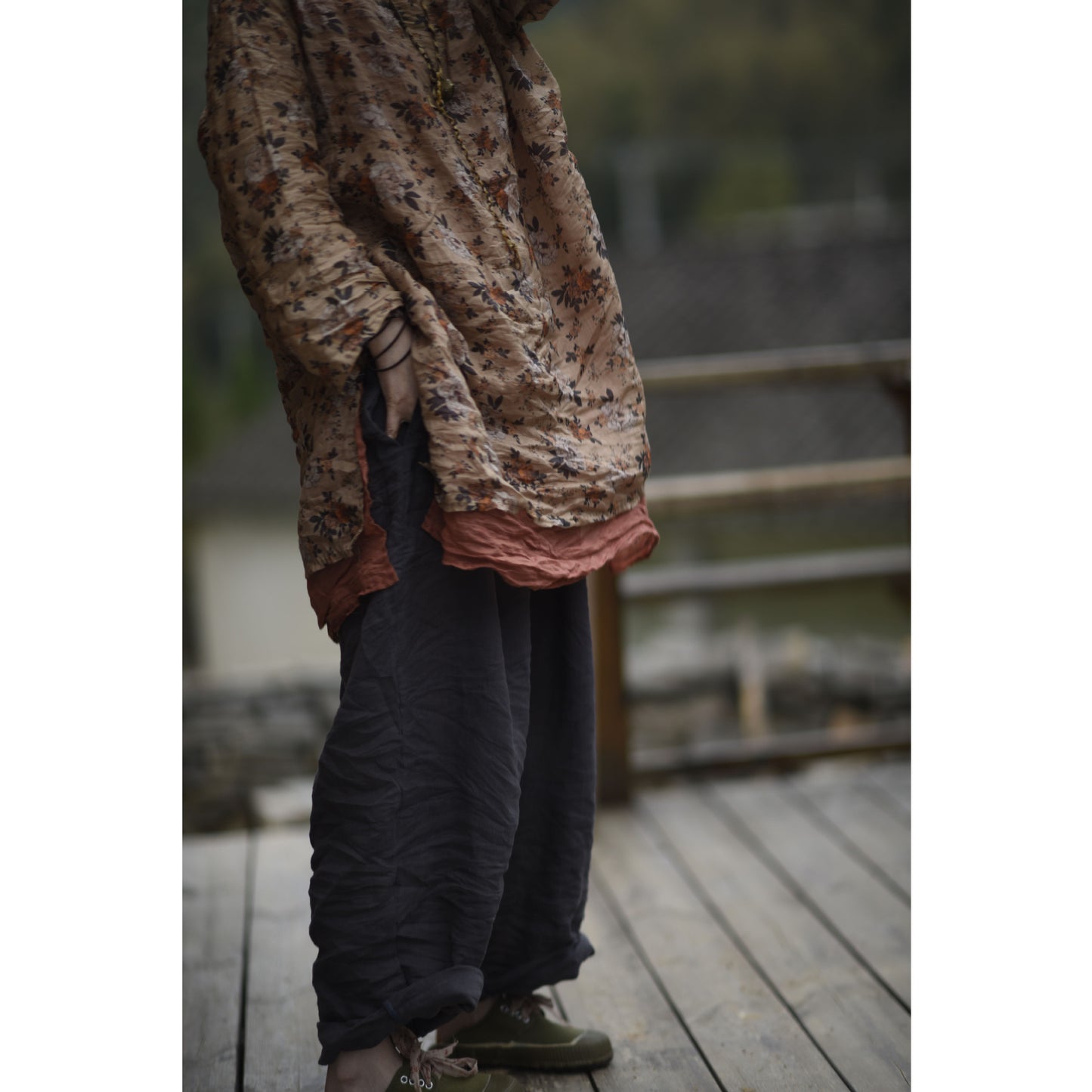 2025 23/4/Tea Ancient/Spring and Summer Literary Retro Ramie Printed Crew Neck Pullover Shoulder Medium Long Shirt