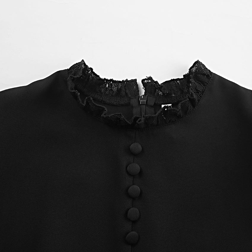 2025 spring and summer fashion temperament round neck long sleeve black dress New mid-waist lace short skirt women's clothing