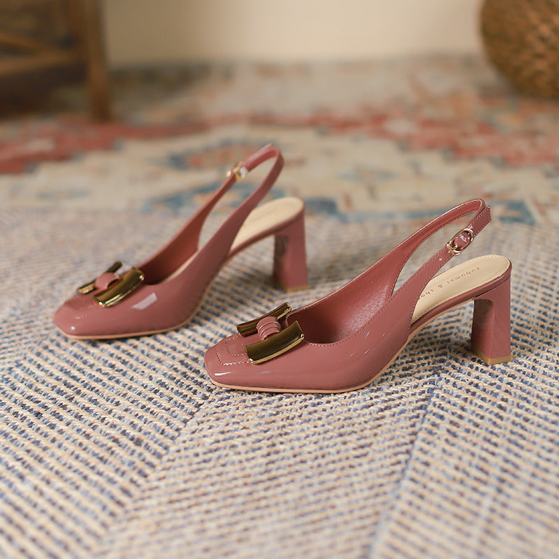 2025 778-10 Baotou Sandals Women's 2025 New Summer Thick Heel Shallow Mouth Square Head Metal Buckle Baotou Backempty Sandals