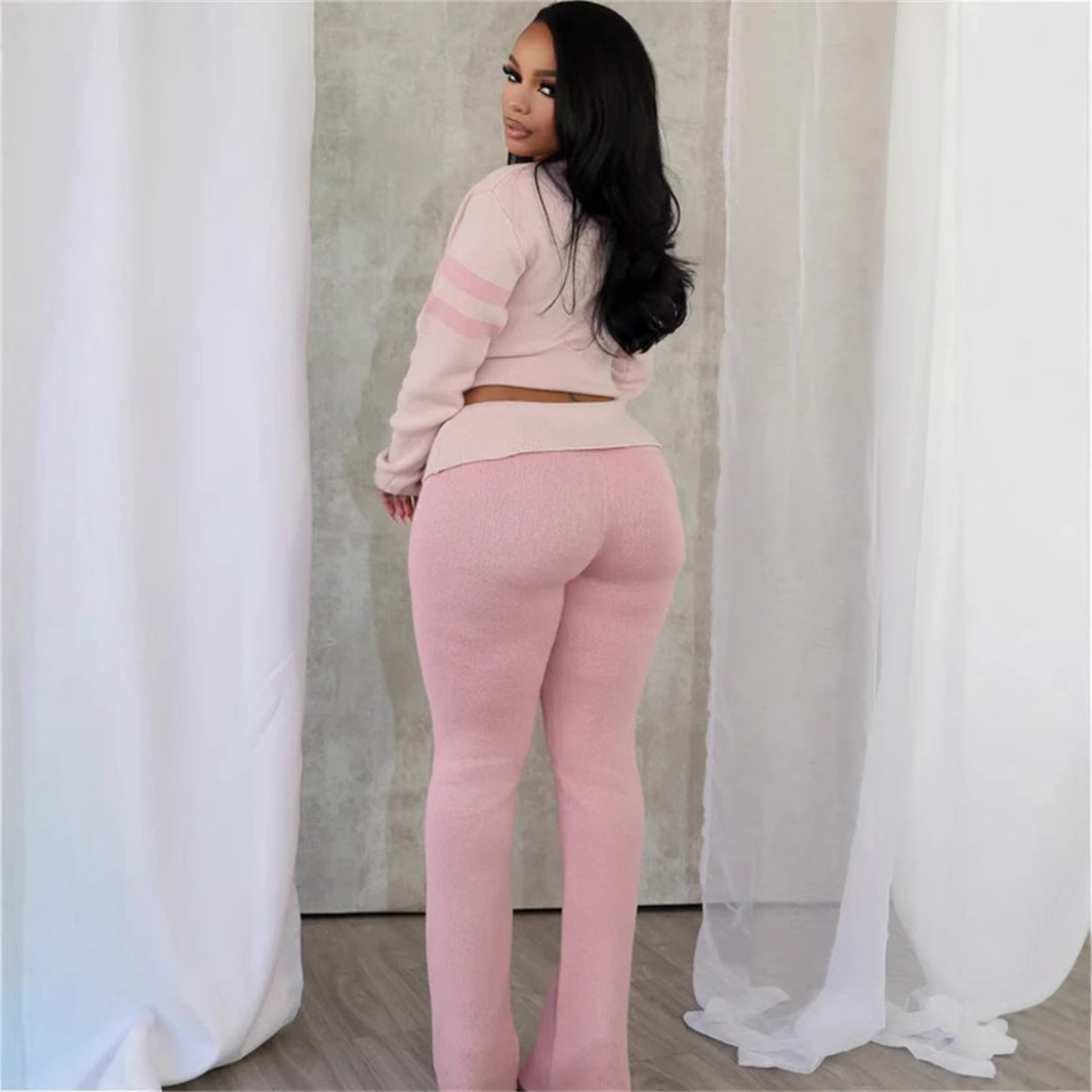 new New Popular trade color contrast fashion versatile V-neck solid color knitted casual long-sleeved top trousers set