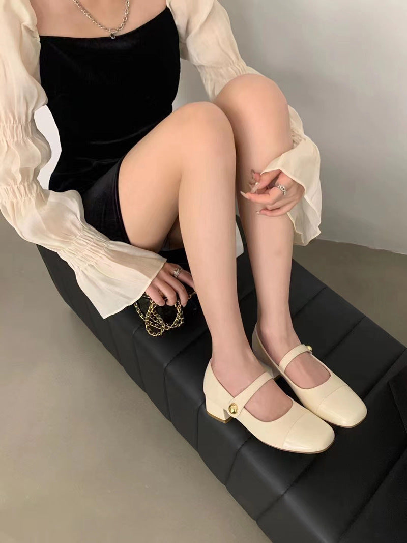 2025 Spring and Autumn Gentle Square Head Middle Heel Velcro Thick Heel Mary Jane Small Leather Shoes Japanese JK Single Shoes Women