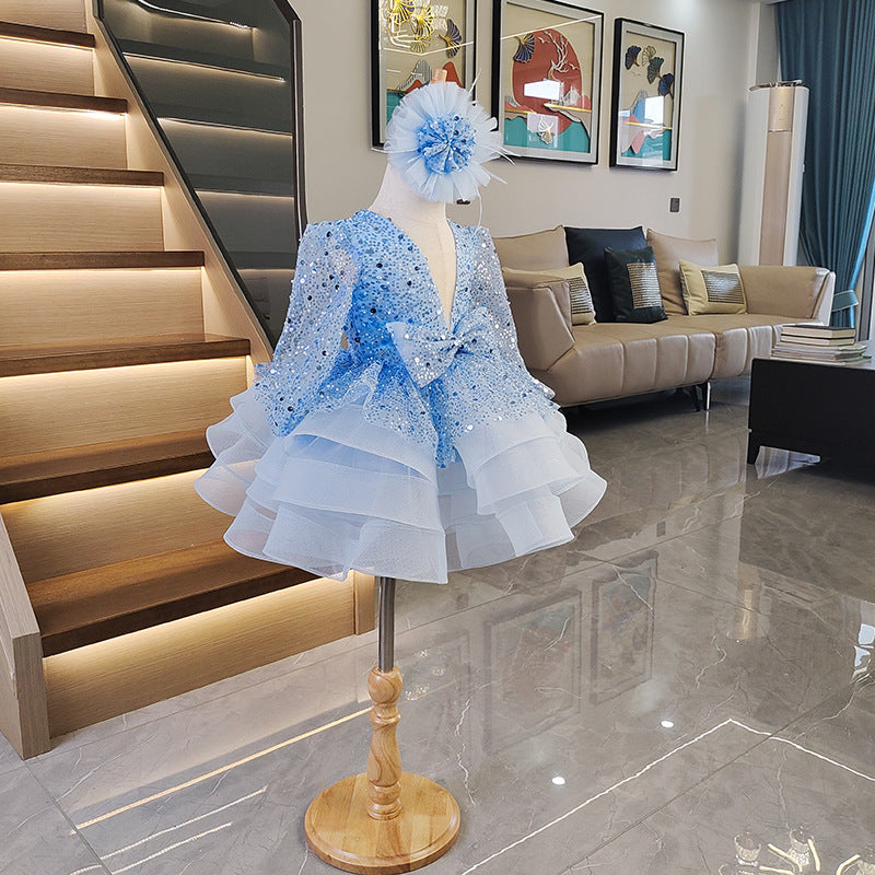 Xiangtuibao One Year Old Celebration Dress Girls Blue Princess Dress Baby Girl Birthday Pettiskirt Flower Girl Wedding Children Host's Dress