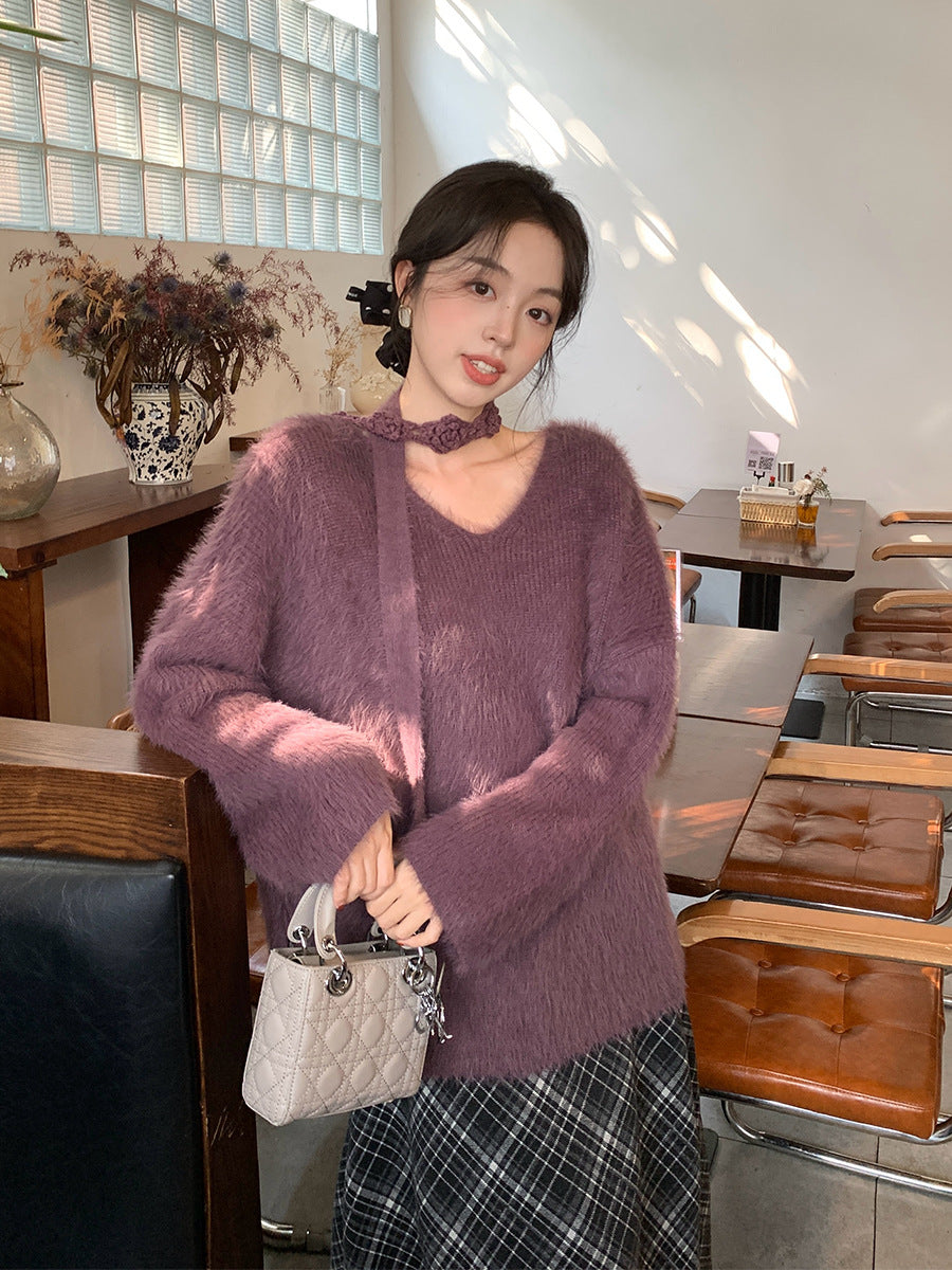 2025 Thirteen Lines popular Autumn and Winter New V-Neck Neck Thickened Imitation Mink Knitted Sweater Women's Sweater Women's 25164